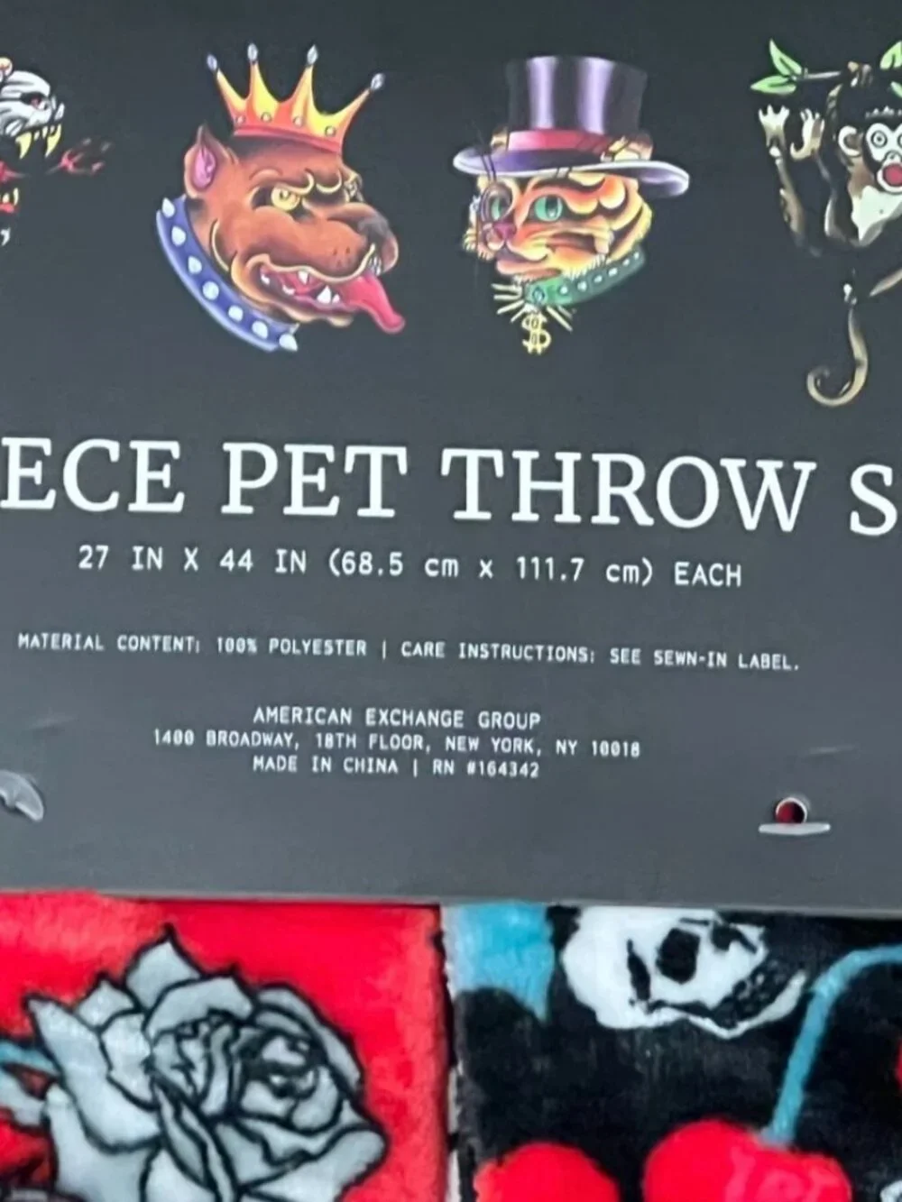 ED HARDY Pet Throw Blanket Set 27x44 Black Red Cherries Skulls Roses Y2K Dog NWT